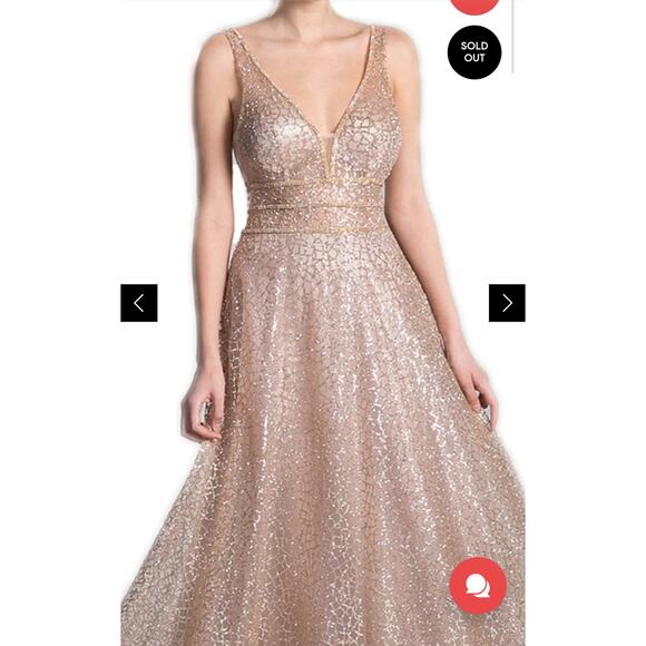 Cinderella Divine Champagne Gold V-Neck Glitter Print A-Line Prom Gown Size 4? - Picture 3 of 15